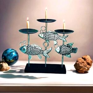 Chic VTG Nautical Candle Holder with Rustic Fish Design Silver and Wood Finish